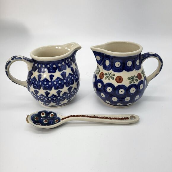 Boleslawiec Other - Boleslawiec Polish Pottery Stars & Blue Dot Design Small Creamer Set with Spoon